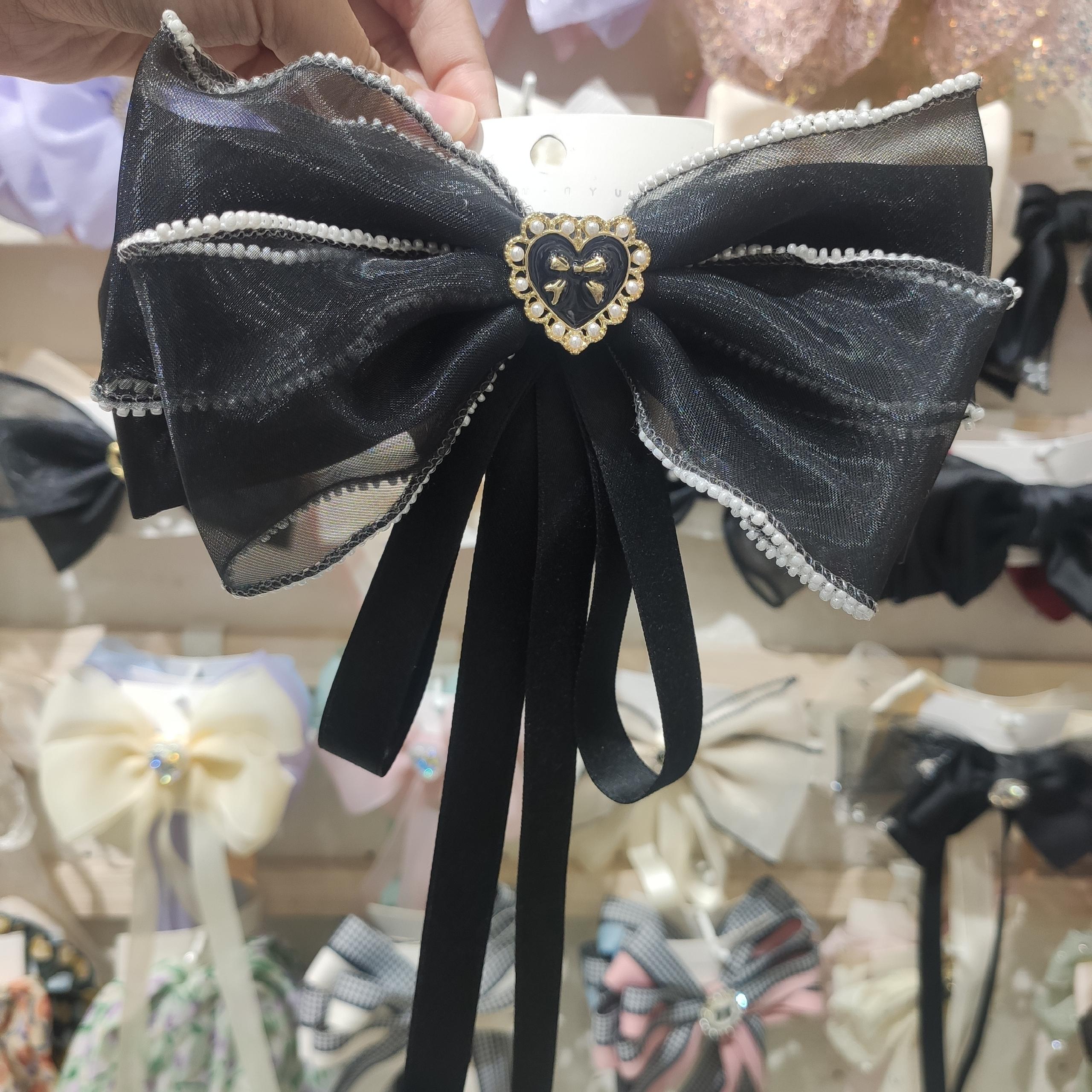 Real Heart Pearl Edge Black Bow Streamer Spring Clip Hair Clip Headpiece Hair Accessories