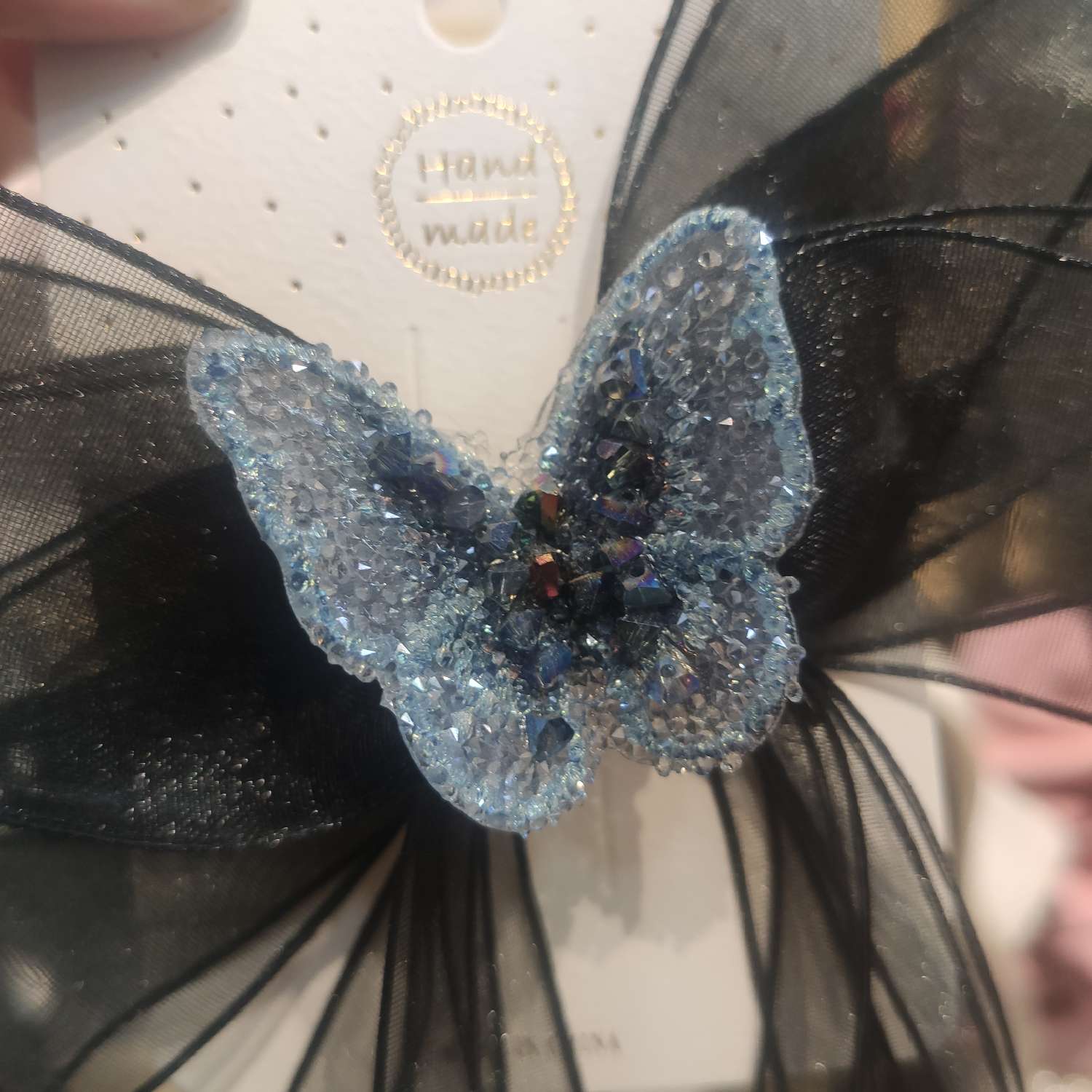 Real Teal Woven Butterfly Crystal Pendant Streamer Double Mesh Bow Spring Clip Hairpin Hair Accessories Headpiece Accessories