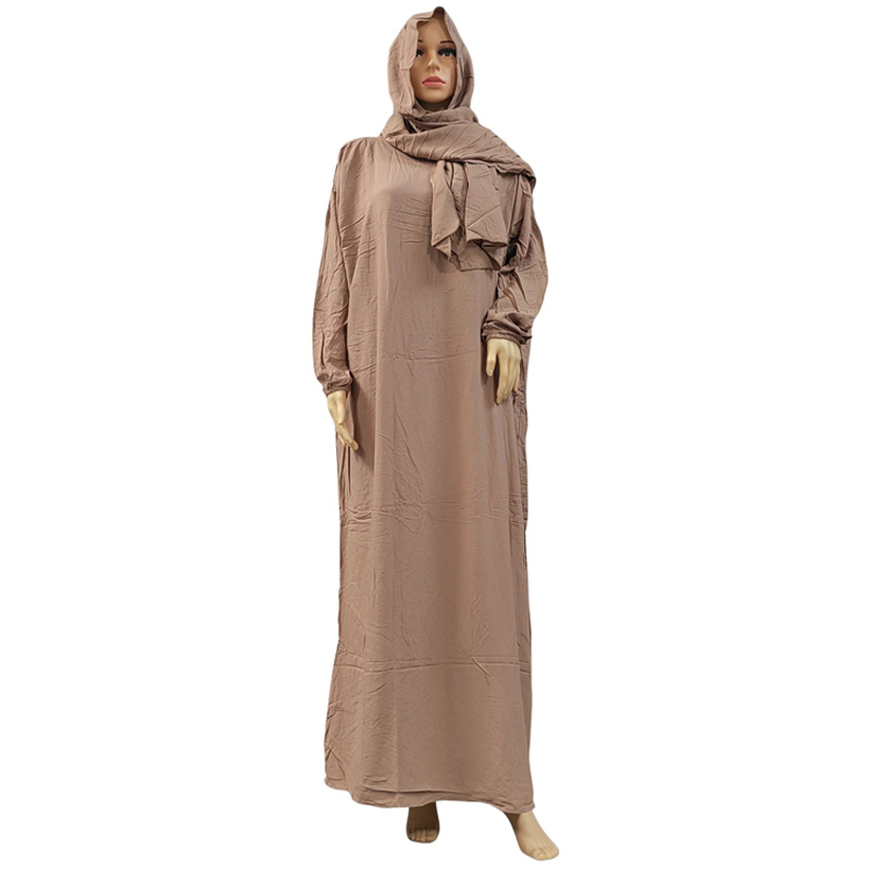 Muslim solid-color fashionable long dress, elegant women's scarf style, hooded pure cotton dress, long robe, dignified prayer robe, ethnic style long scarf and hooded style Item Picture