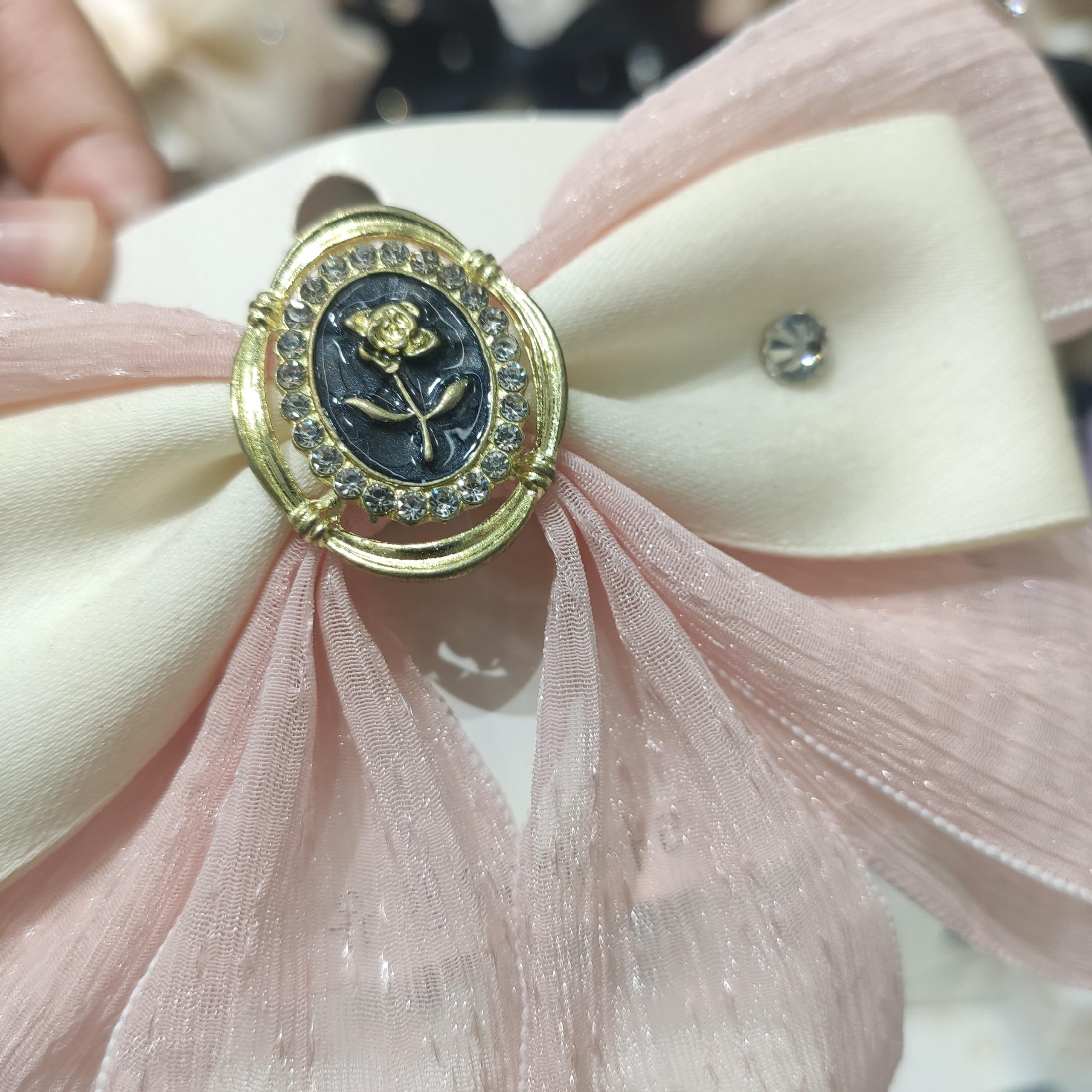 实拍粉白撞色双层蝴蝶结碎钻装饰发夹头饰饰品弹簧夹飘带                                  