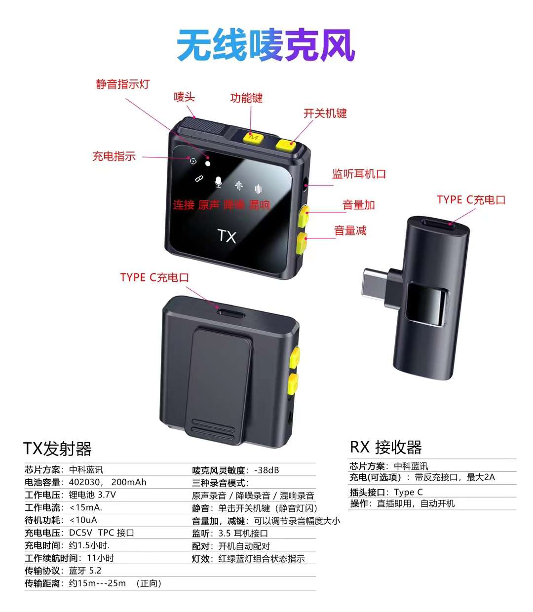 F9 square one-drag one-lapel microphone Wireless microphone Type-C interface/Apple interface detail image 13