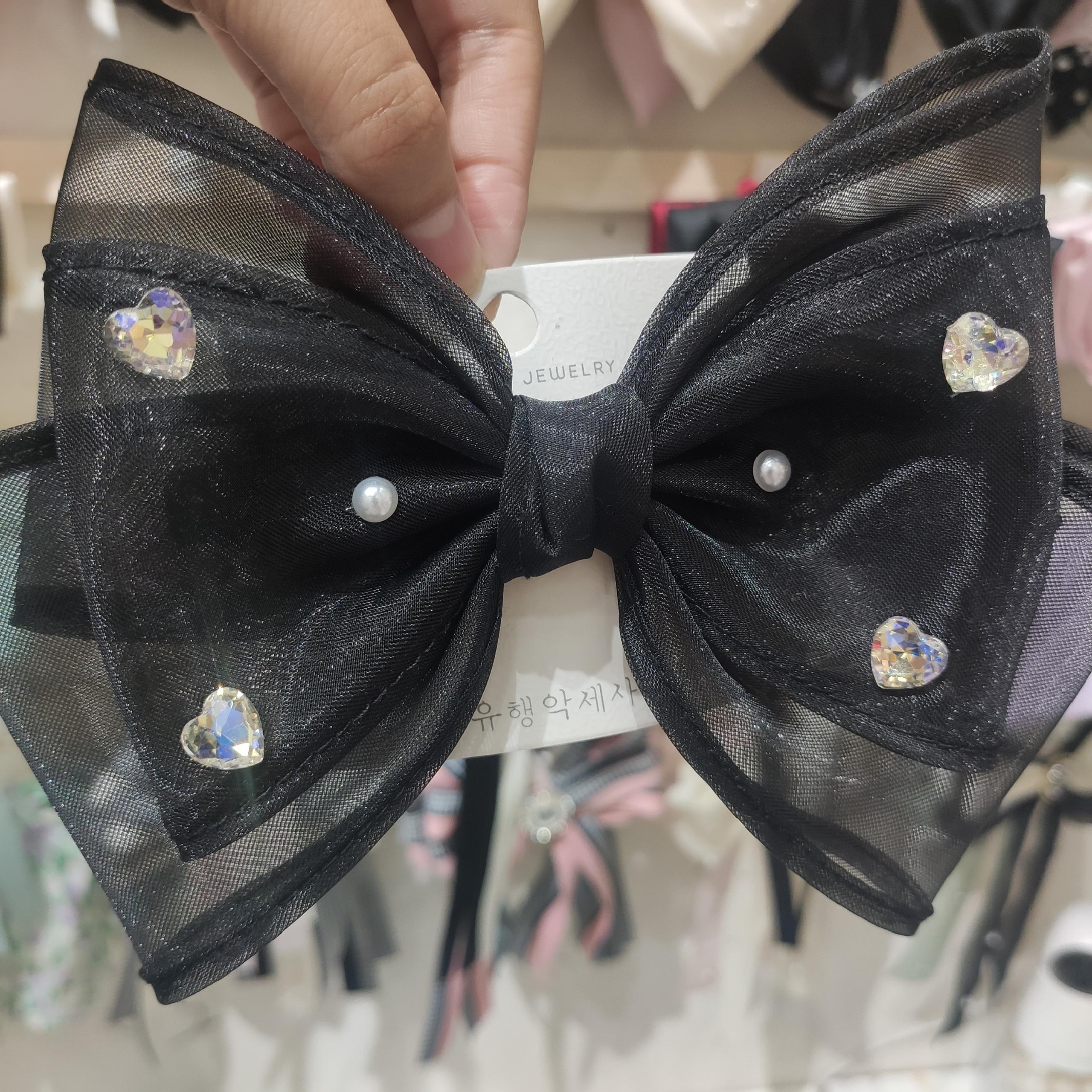 Real Black Yarn Bow Broken Diamond Embellish Version Stiff Without Deformation Item Picture