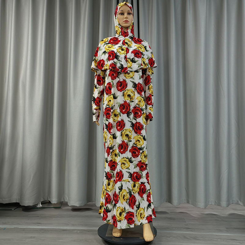 New fashionable and best-selling women's Muslim headscarf robe two-piece set, printed European and American slim-fit one-piece dress, small floral wish details Picture