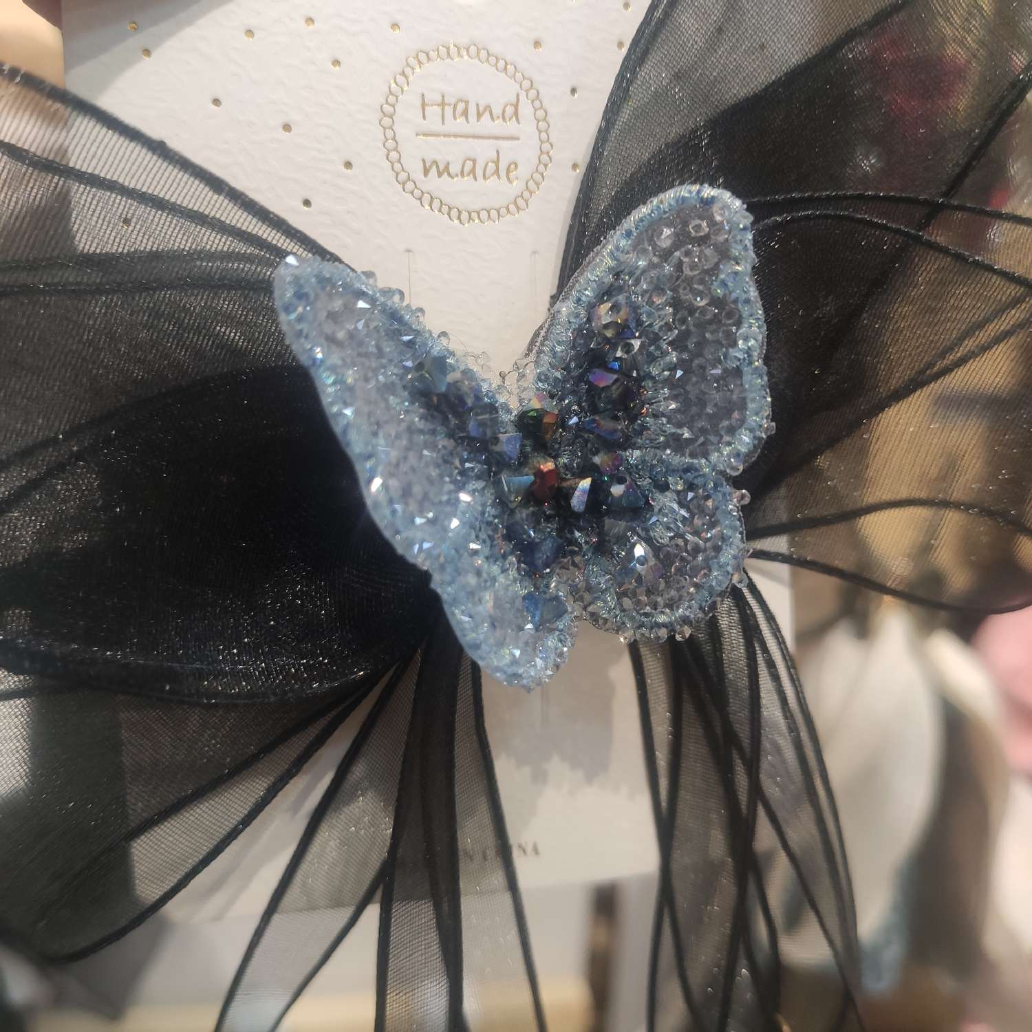 Real Teal Woven Butterfly Crystal Pendant Streamer Double Mesh Bow Spring Clip Hairpin Hair Accessories Headpiece Accessories Specification drawing