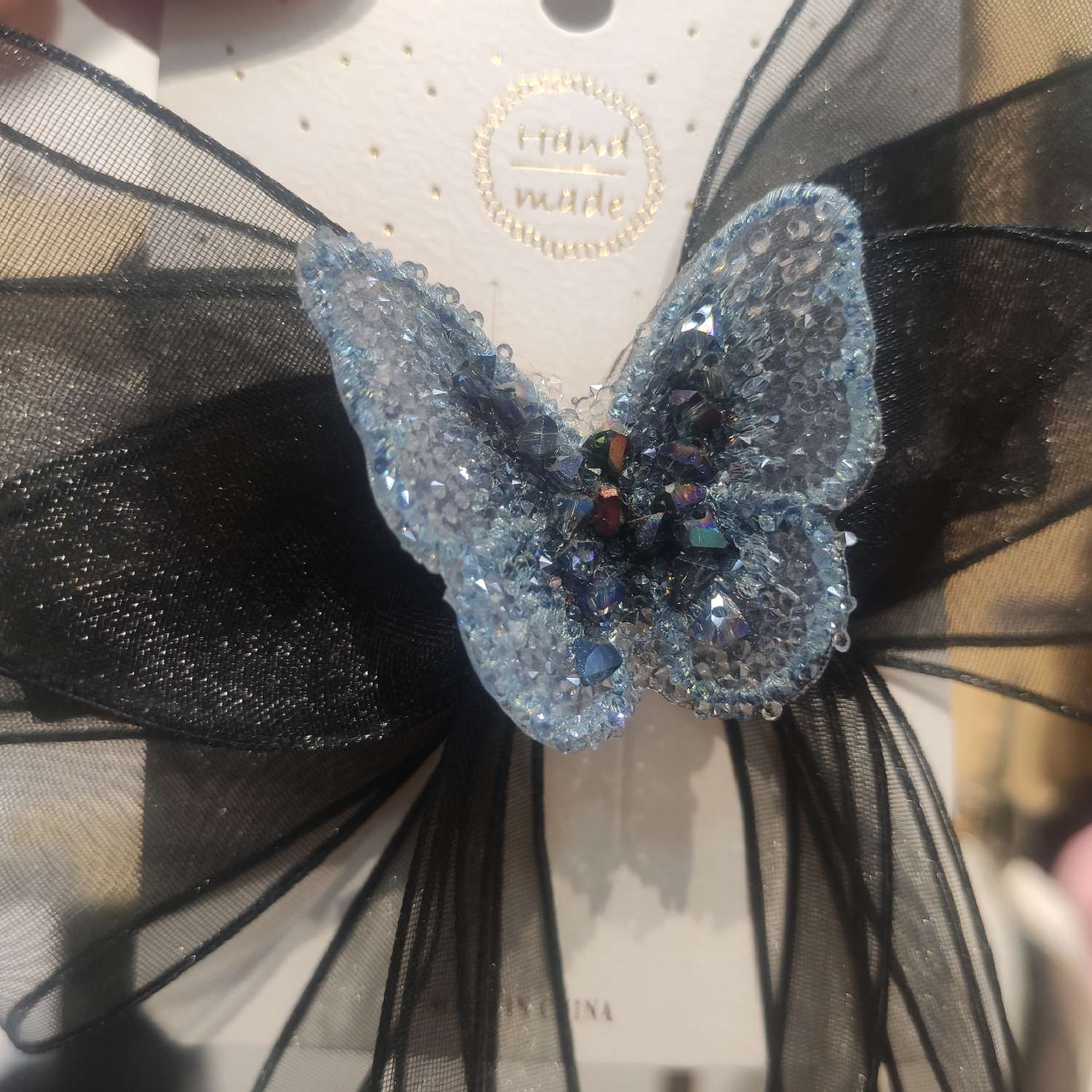 Real Teal Woven Butterfly Crystal Pendant Streamer Double Mesh Bow Spring Clip Hairpin Hair Accessories Headpiece Accessories Item Picture