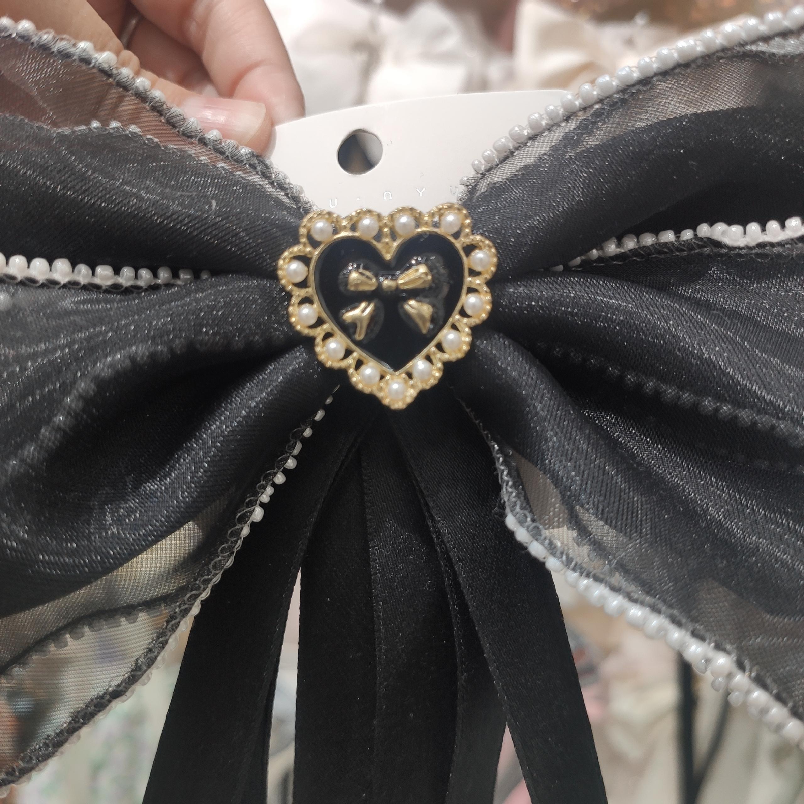 Real Heart Pearl Edge Black Bow Streamer Spring Clip Hair Clip Headpiece Hair Accessories Specification drawing