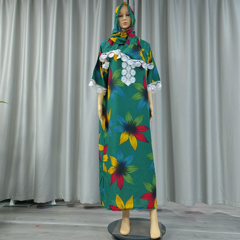 Factory Direct Sales Cross-Border Europe And The United States Hooded Amazon Home Wear African Women's Hooded Scarf Short Sleeve Gown Dress Printed Flowers Specification drawing