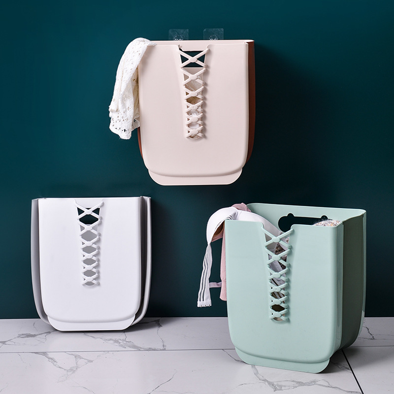 Wall Hanging Bathroom Corner Rack Folding Laundry Basket Plastic Rectangular Storage Basket Bathroom Traceless Hanging Organizer Basket