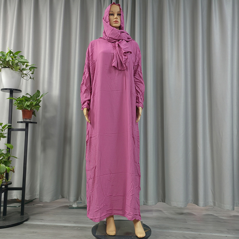 Muslim solid-color fashionable long dress, elegant women's scarf style, hooded pure cotton dress, long robe, dignified prayer robe, ethnic style long scarf and hooded style Specification image