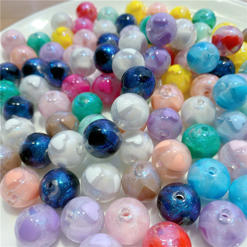 DIY heart-shaped round beads 16mm acrylic beads, fine flash mobile phone chain accessories, jewelry accessories, scattered beads, seven-color heart, childlike fun, straight hole string beads