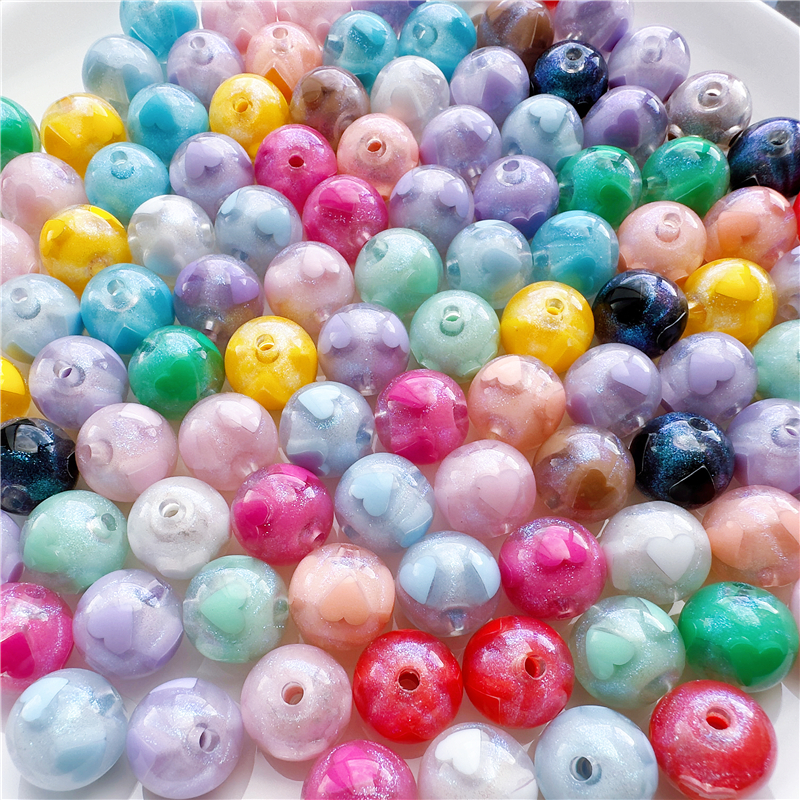 DIY heart-shaped round beads 16mm acrylic beads, fine flash mobile phone chain accessories, jewelry accessories, scattered beads, seven-color heart, childlike fun, straight hole string beads Item Picture