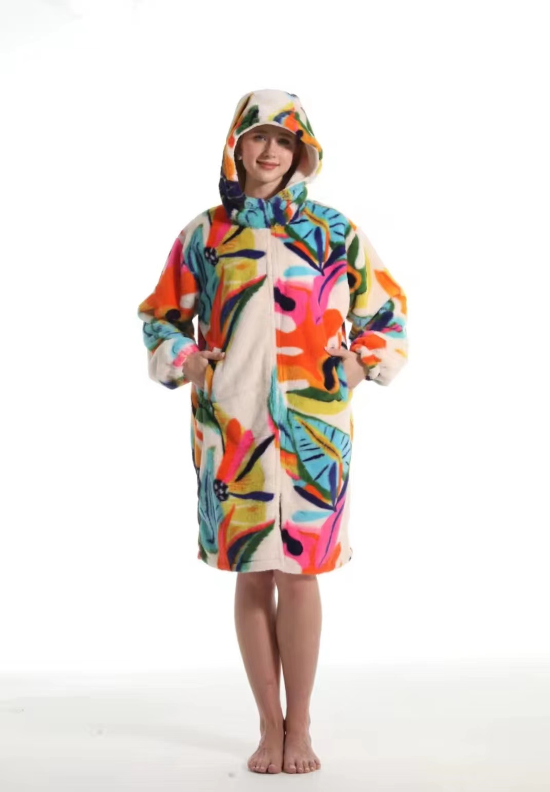Cross-border new autumn and winter pajamas, oversized loose, adult extended printed hooded sweatshirt, home wear, outdoor detail image 6