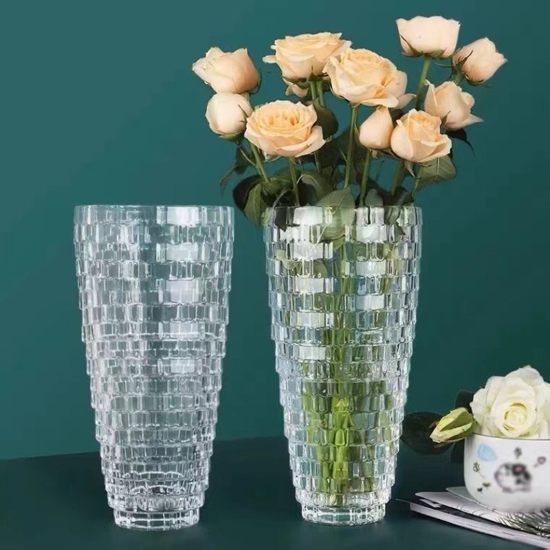 水晶透明璀璨玻璃敞口花瓶砖纹客厅水养玫瑰百合水培大号花器摆件