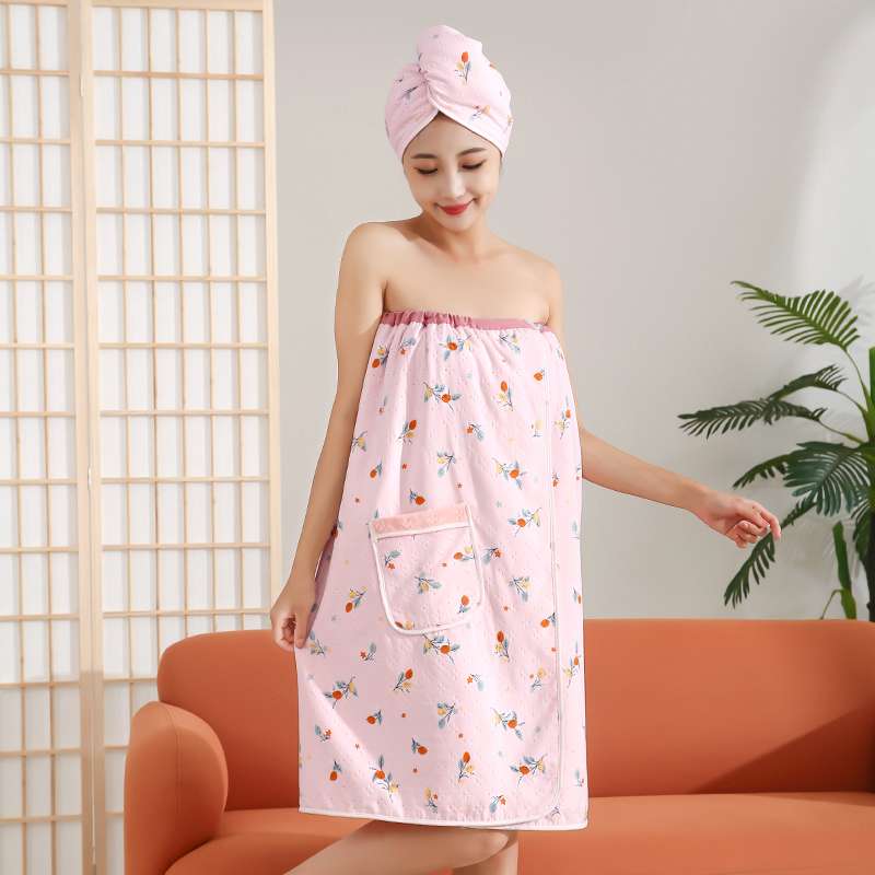 Fabric two-color printed strapless bath skirt, absorbent coral fleece wearable bath towel, 2023 new style, set towel gift, 78*140cm detail image 10