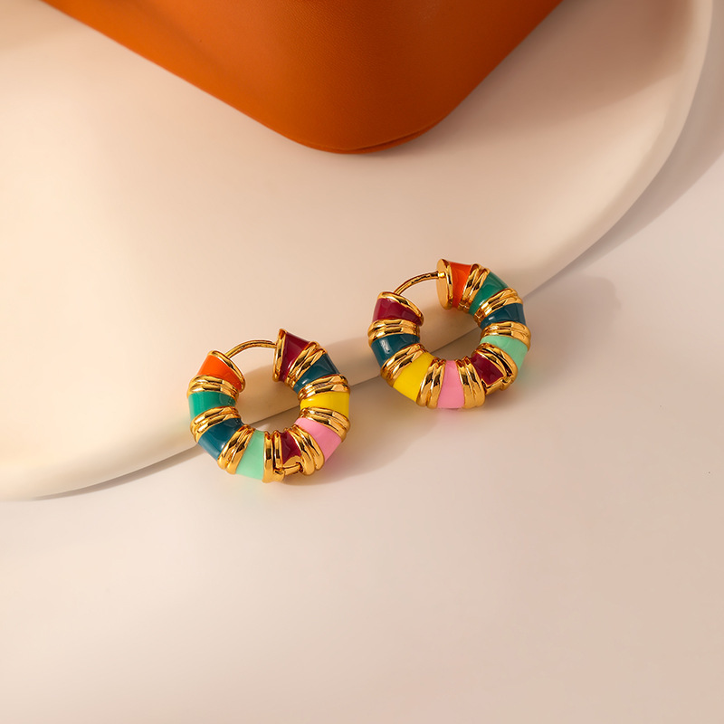 Korean macaron rainbow-colored glazed earrings with a high-end touch, summer brass 14K gold-plated earring earrings Specification image