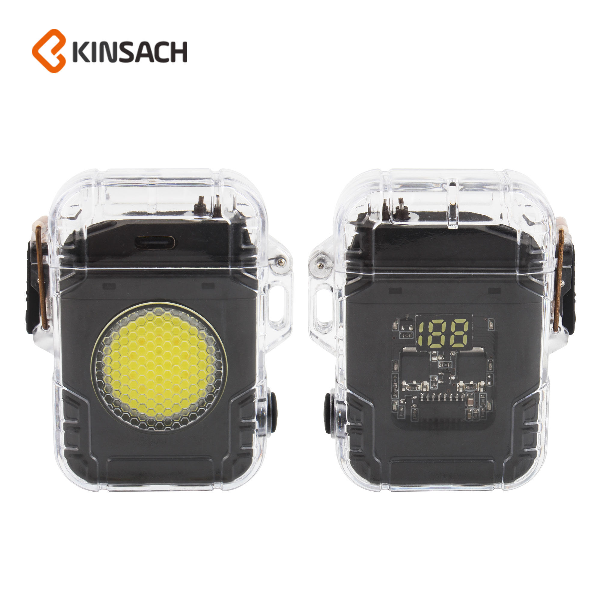 2023年新款户外防水带照明灯电弧打火机透明壳电量显示充电打火机