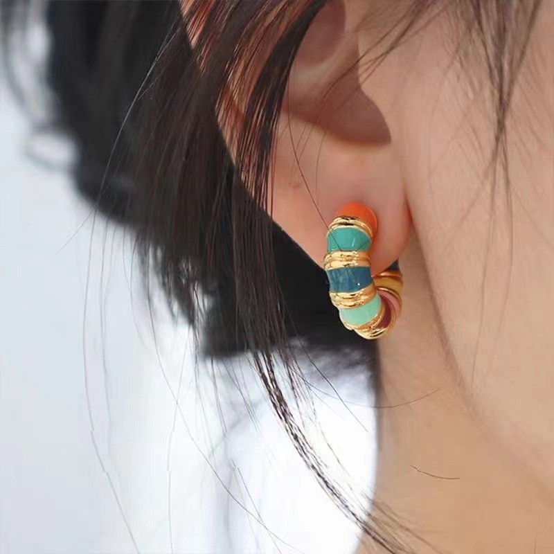 Korean macaron rainbow-colored glazed earrings with a high-end touch, summer brass 14K gold-plated earring earrings Item Picture
