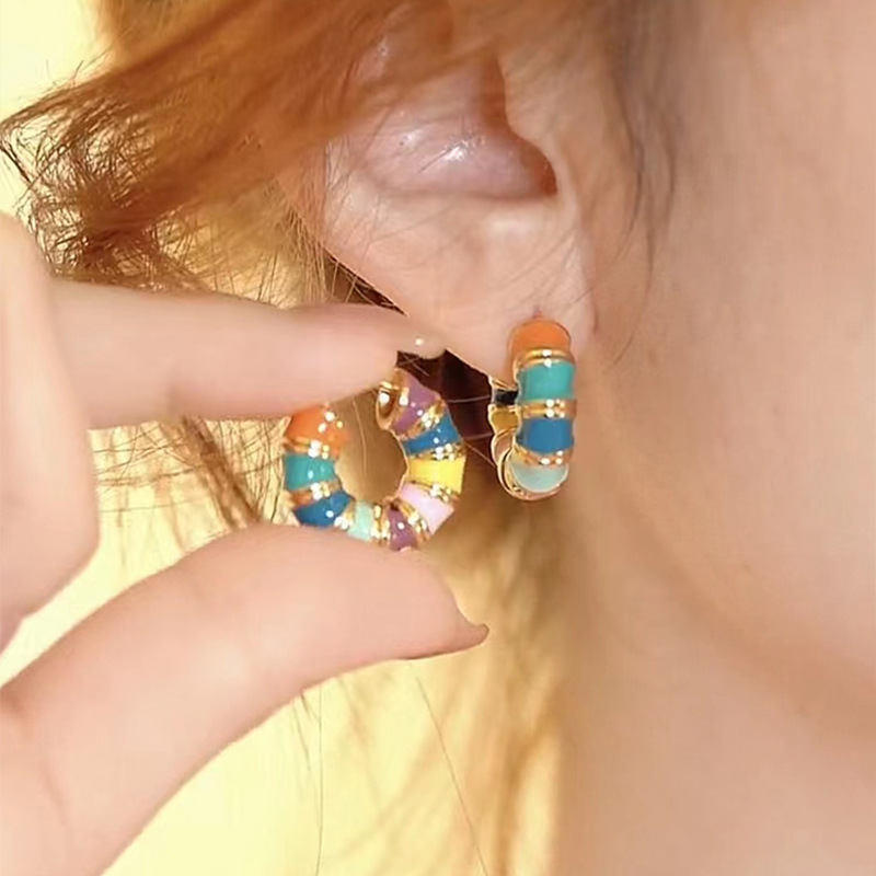Korean macaron rainbow-colored glazed earrings with a high-end touch, summer brass 14K gold-plated earring earrings detail image 2