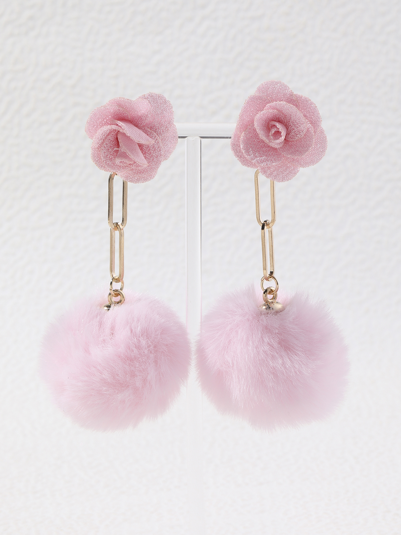 甜美粉色少女心耳环原创手工毛球秋冬耳饰千层花朵女款产品图