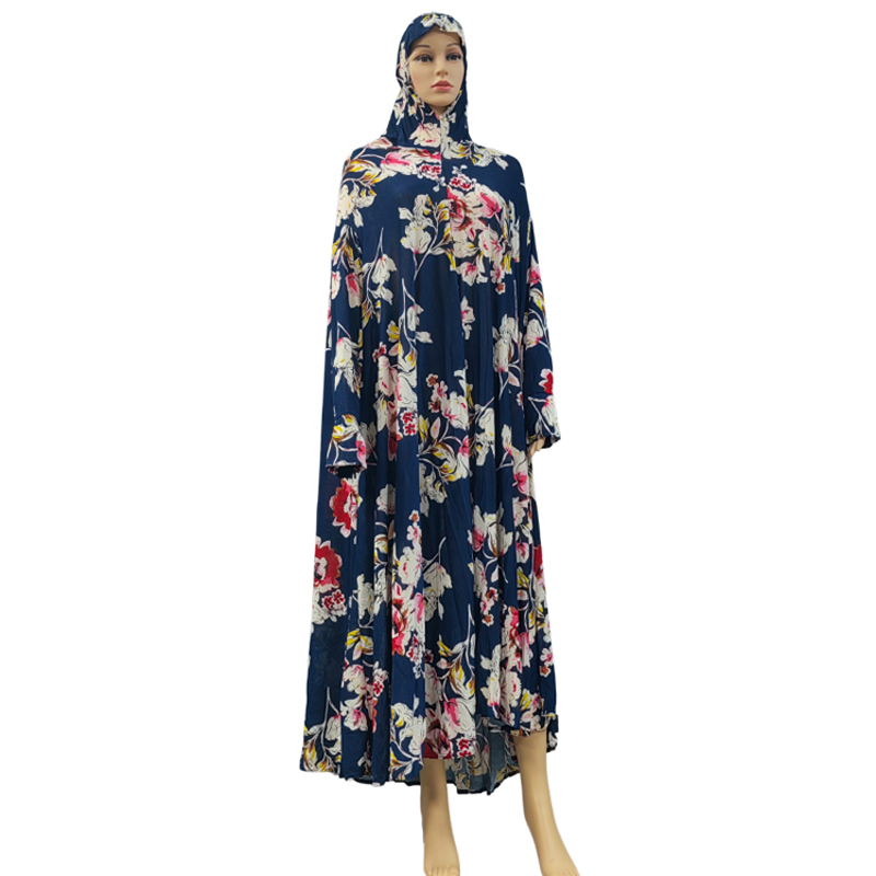 Customizable length full set of Muslim women's large prayer robe dress, black and blue thickened flower one-piece long dress