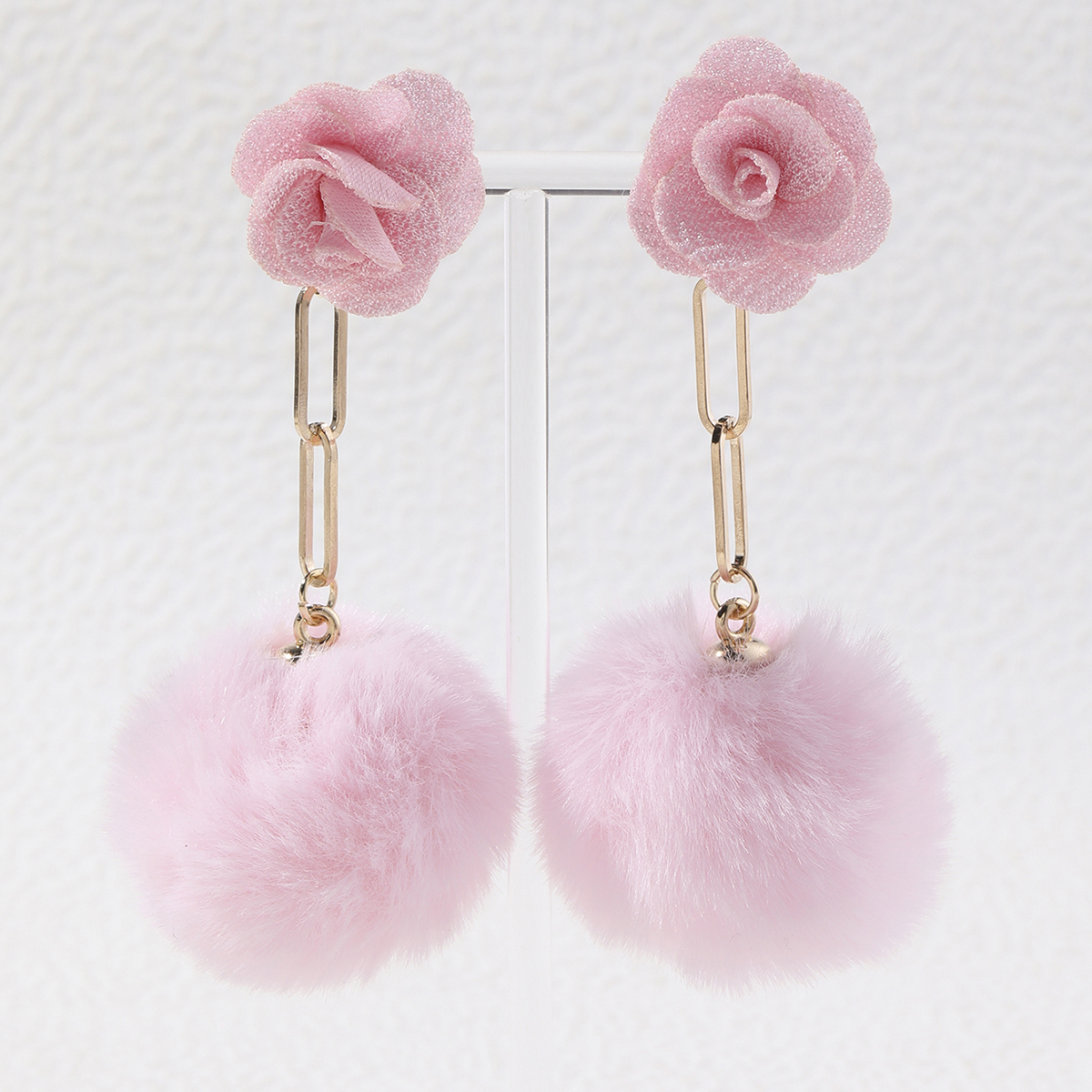 甜美粉色少女心耳环原创手工毛球秋冬耳饰千层花朵女款