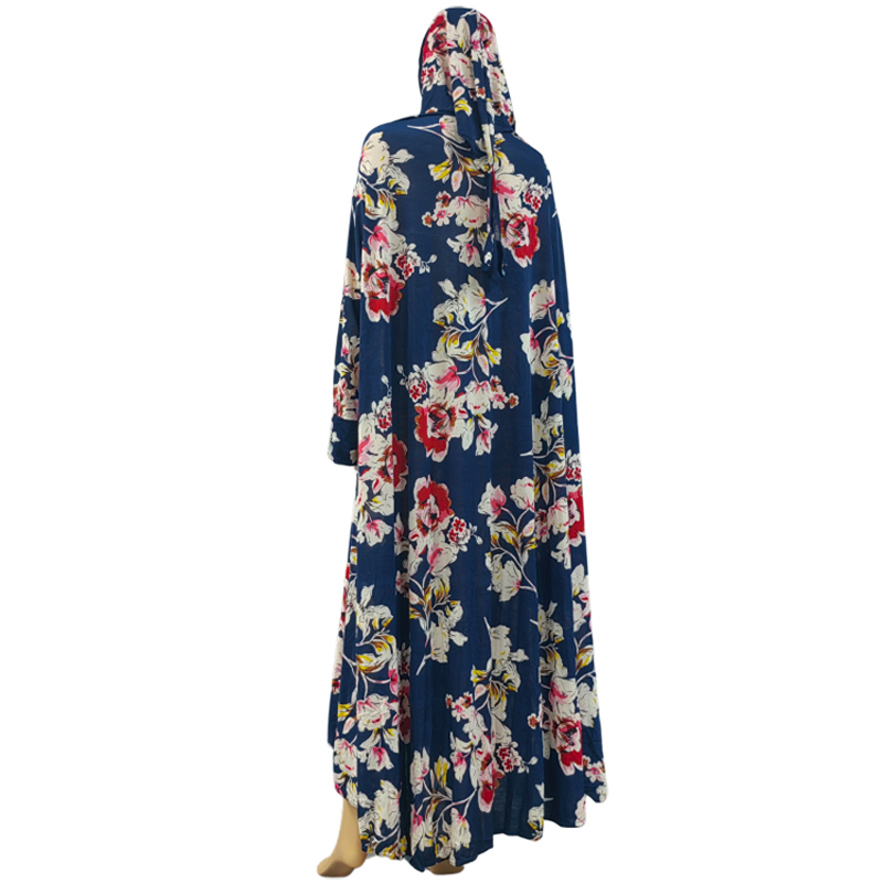 Customizable length full set of Muslim women's large prayer robe dress, black and blue thickened flower one-piece long dress details Picture