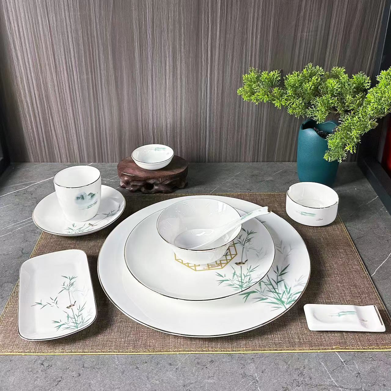 窗外捎溪系列金边陶瓷餐具套装中式国风骨瓷酒店宾馆饭店用家用