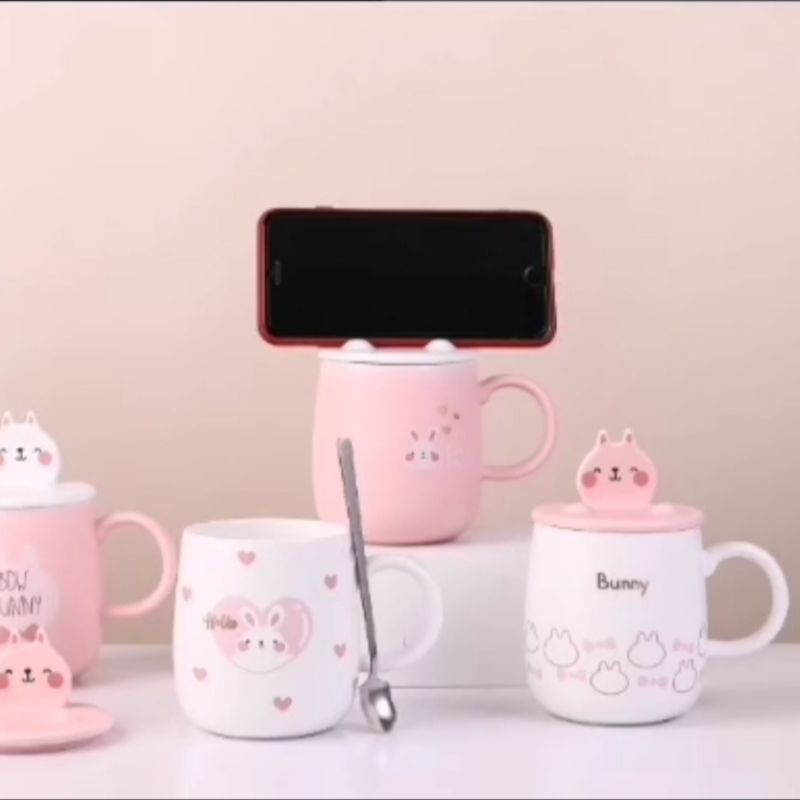 Creative Internet celebrity popular rabbit 🐰 ceramic cup lid multi-functional water cup four-color mixed mobile phone stand ceramic cup details Picture