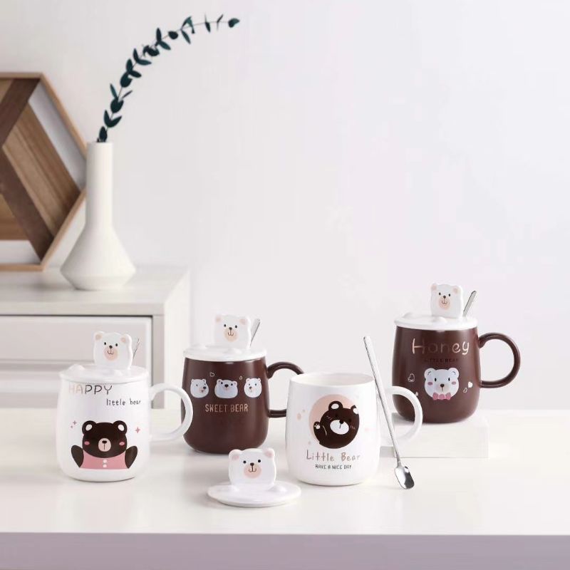 Creative Internet Celebrity Popular Bear Ceramic Cup Cover Multi-Functional Water Cup Four-Color Mixed Ceramic Cup Application Scenario