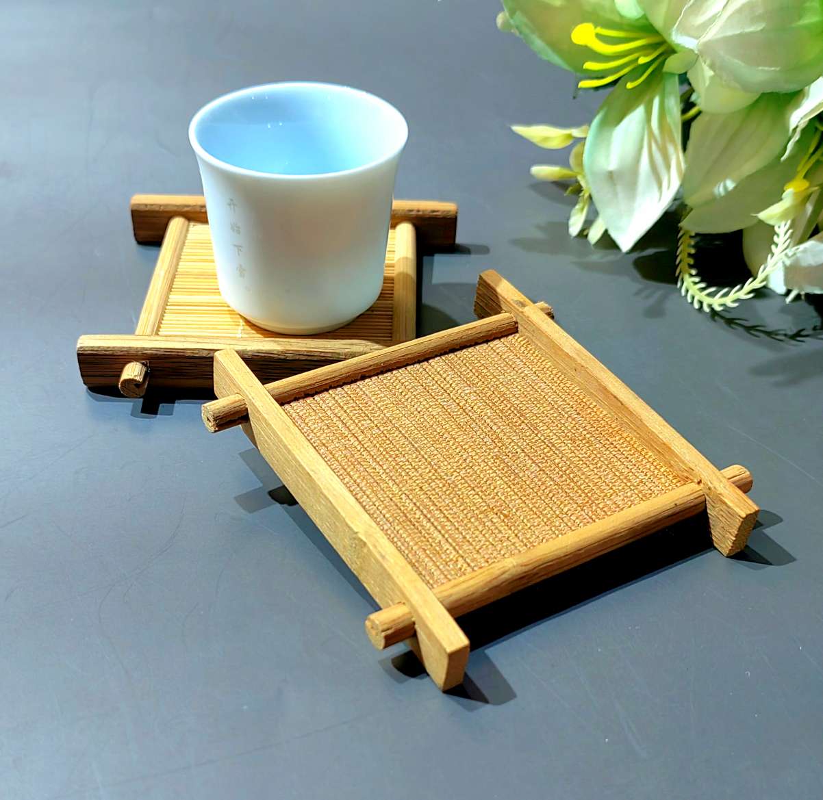 Jiehao square grid mat, bamboo tea mat, cup mat, tea ceremony art cup holder, tea set accessory, heat insulation
