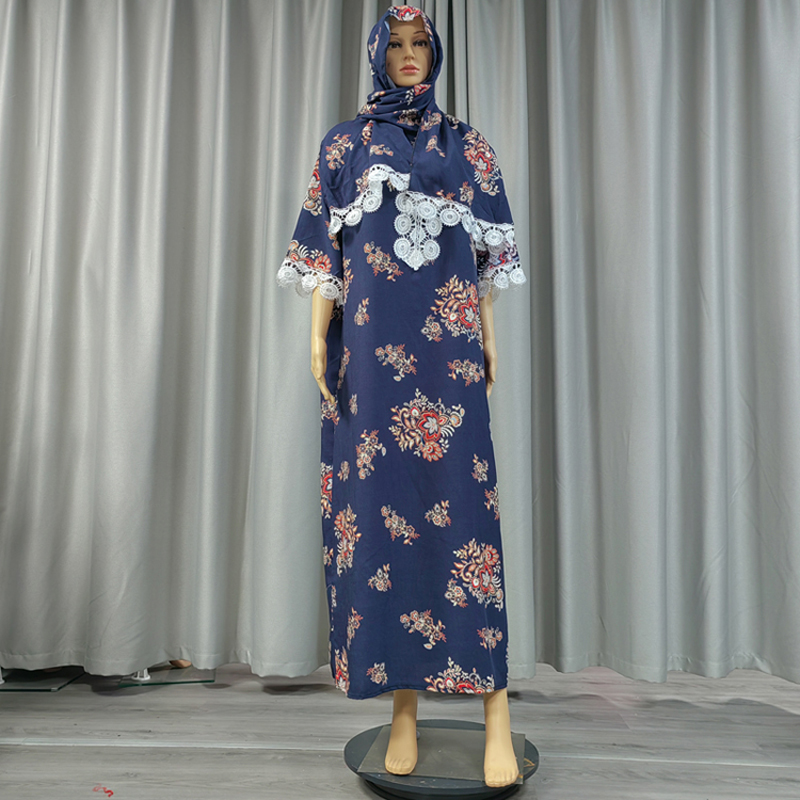 Factory direct sales, cross-border European and American hooded Amazon home wear, African women's hooded scarf, short-sleeved printed flower long robe dress, high-quality cotton details Picture