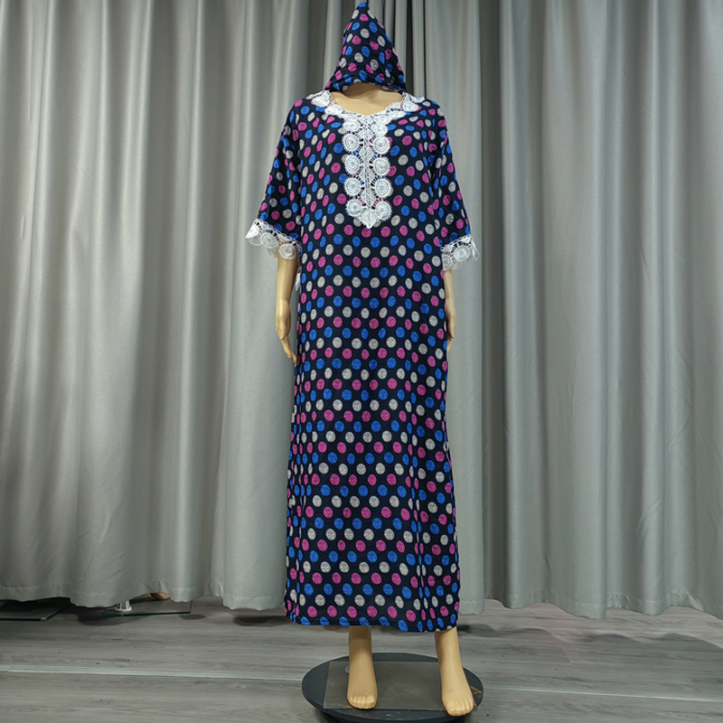 Factory direct sales, cross-border European and American hooded Amazon home wear, African women's hooded scarf, short-sleeved printed flower long robe dress, high-quality cotton Specification image