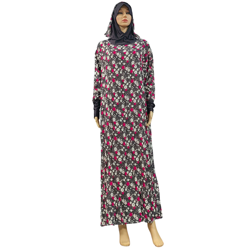 A new cross-border bestseller from Europe and America, a long, plus-size printed long dress set, a ethnic style long robe with a hat, floral prints and lace trim, a trendy women's prayer robe for casual daily wear Item Picture