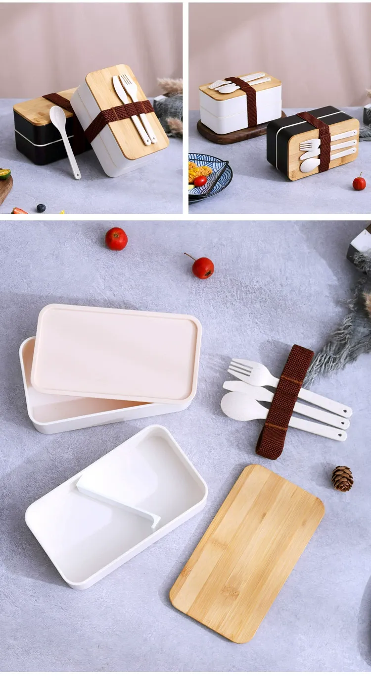 J129-XC-539 Bamboo and wood lid double-layer plastic lunch box, microwave portable lunch box set for students detail image 18