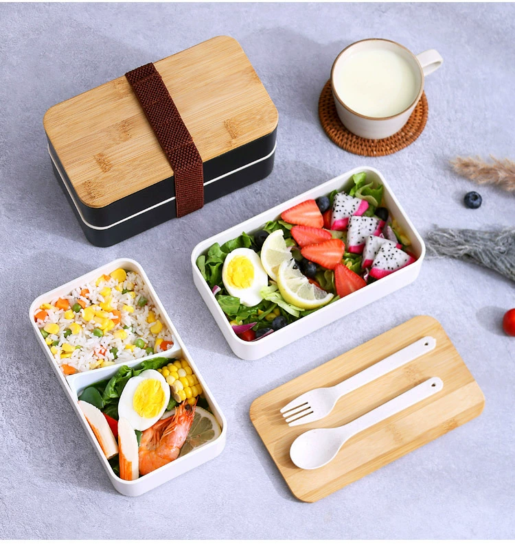 J129-XC-539 Bamboo and wood lid double-layer plastic lunch box, microwave portable lunch box set for students detail image 14