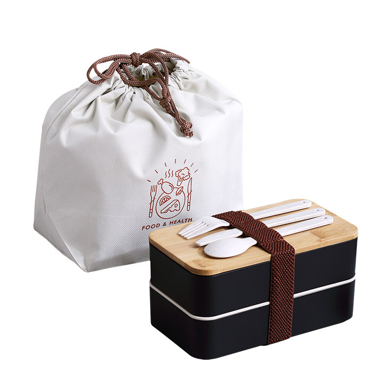 J129-XC-539 Bamboo and wood lid double-layer plastic lunch box, microwave portable lunch box set for students Item Picture