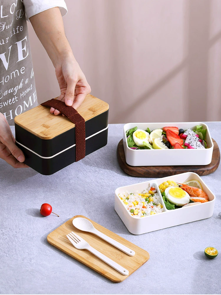 J129-XC-539 Bamboo and wood lid double-layer plastic lunch box, microwave portable lunch box set for students detail image 17