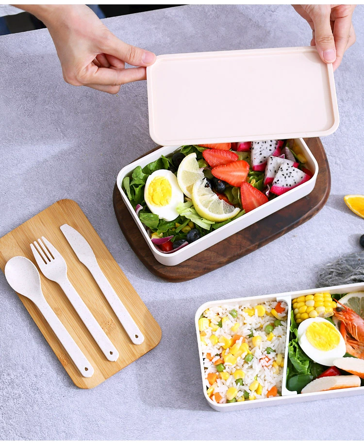 J129-XC-539 Bamboo and wood lid double-layer plastic lunch box, microwave portable lunch box set for students detail image 16
