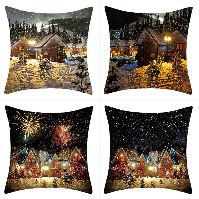 圣诞节暴风雪夜灯短毛绒抱枕套跨境家居装饰用品沙发靠垫套靠枕套