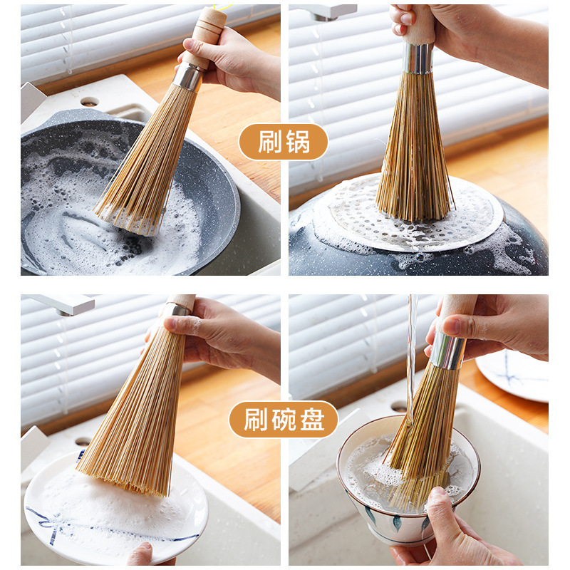 Jiehao Bamboo Wood Long Handle Washing Dishes Washing Pot Brush Commercial Kitchen Cleaning Pot Brush Hotel Hotel Diagonal Bamboo Pot Brush Old Cooking Broom details Picture