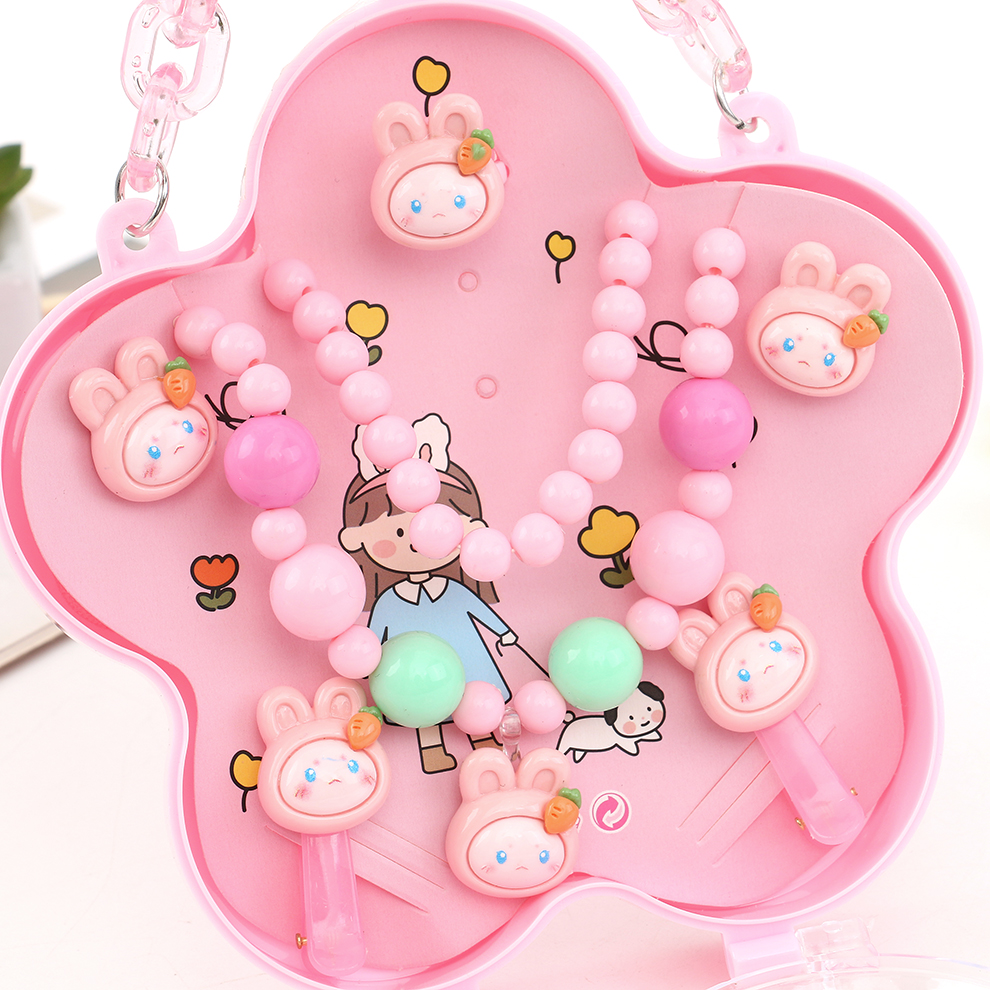 New children's hair accessory set, beaded necklace, earrings, ring, rubber band hair clip set, girls' gift accessories, gift box Item Picture