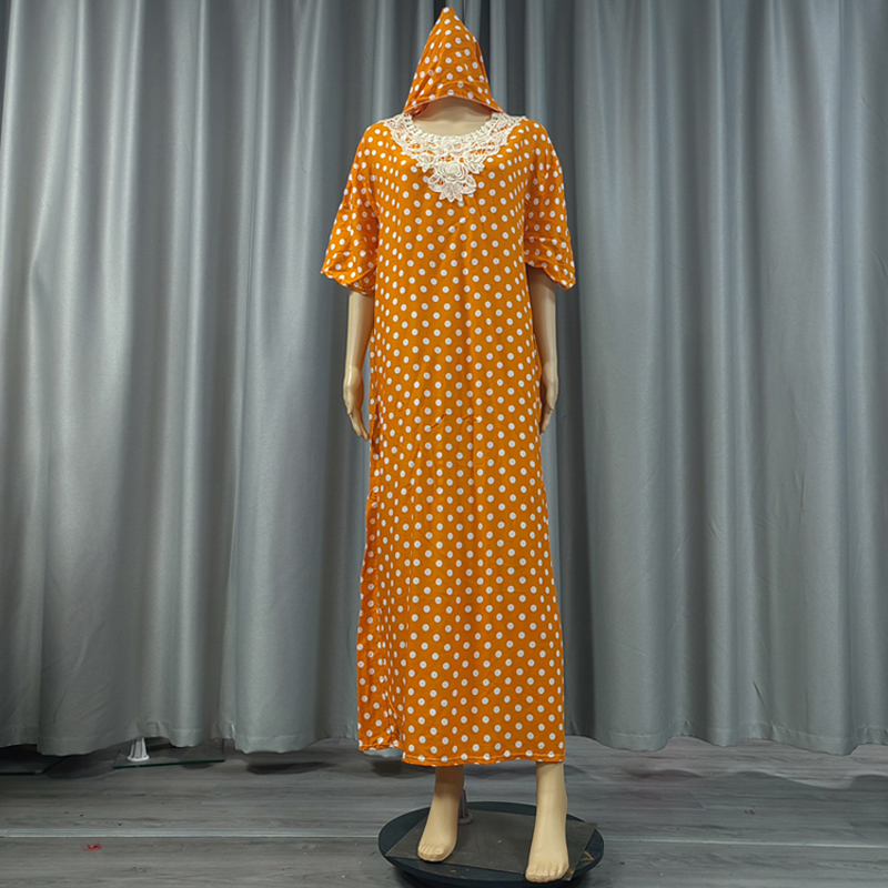 Factory direct sales, cross-border European and American hooded Amazon home wear, African women's hooded scarf, short-sleeved printed flower long robe dress with lace Specification image