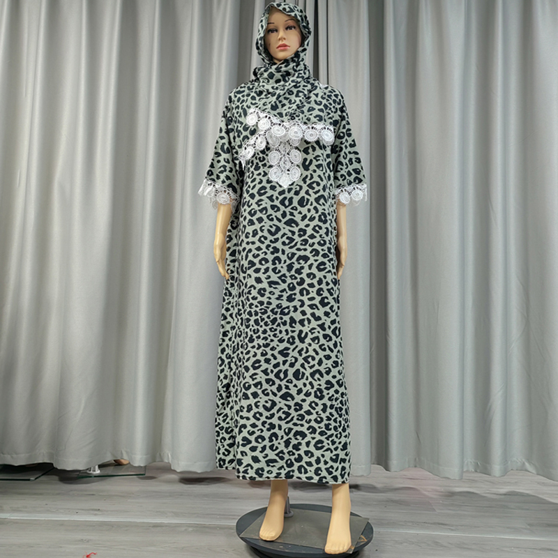 Factory direct sales, cross-border European and American hooded Amazon home wear, African women's hooded scarf, short-sleeved printed flower long robe dress with lace details Picture