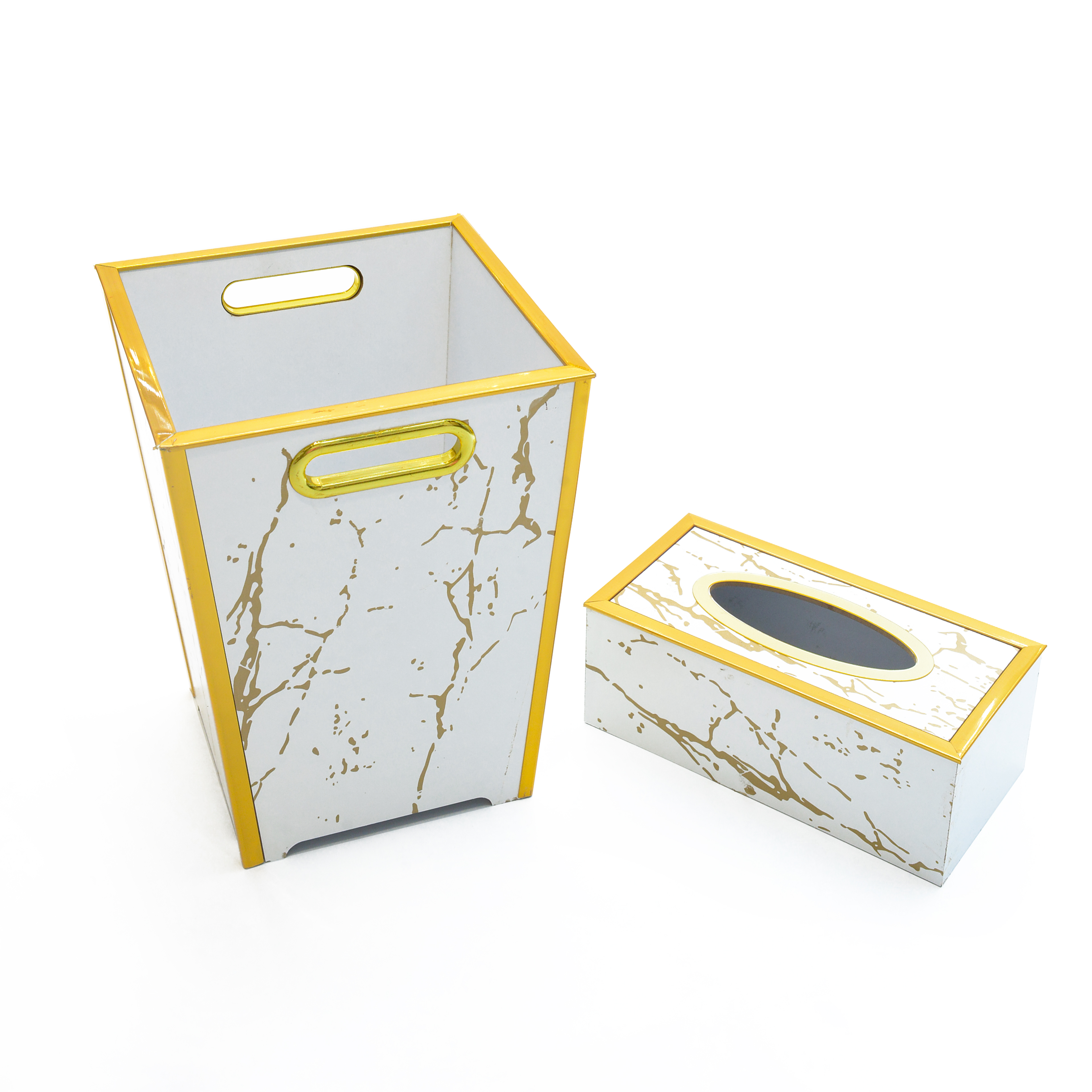 Wooden white crack-patterned Arabic trash can tissue box set 001