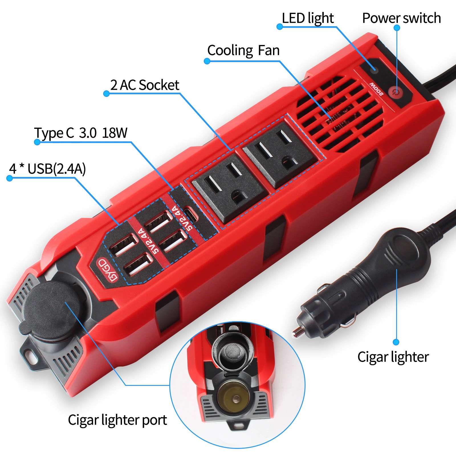 Factory 200W Inverter Modified Wave Car Inverter 12V To 110V Car Smoke Hole Charger Us Standard Item Picture