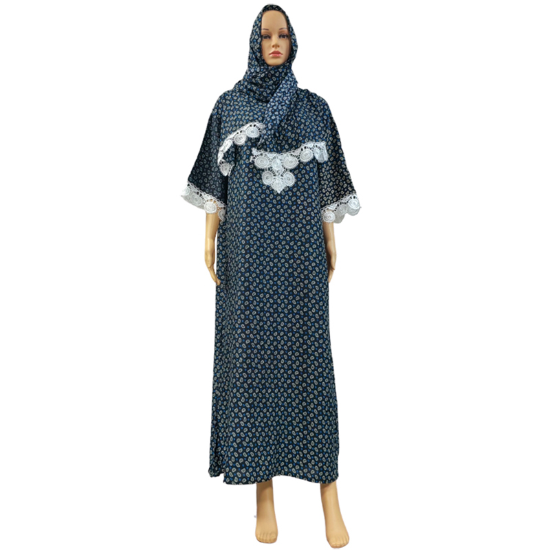 Factory direct sales, cross-border European and American hooded Amazon home wear, African women's hooded scarf, short-sleeved printed flower long robe dress with lace Item Picture