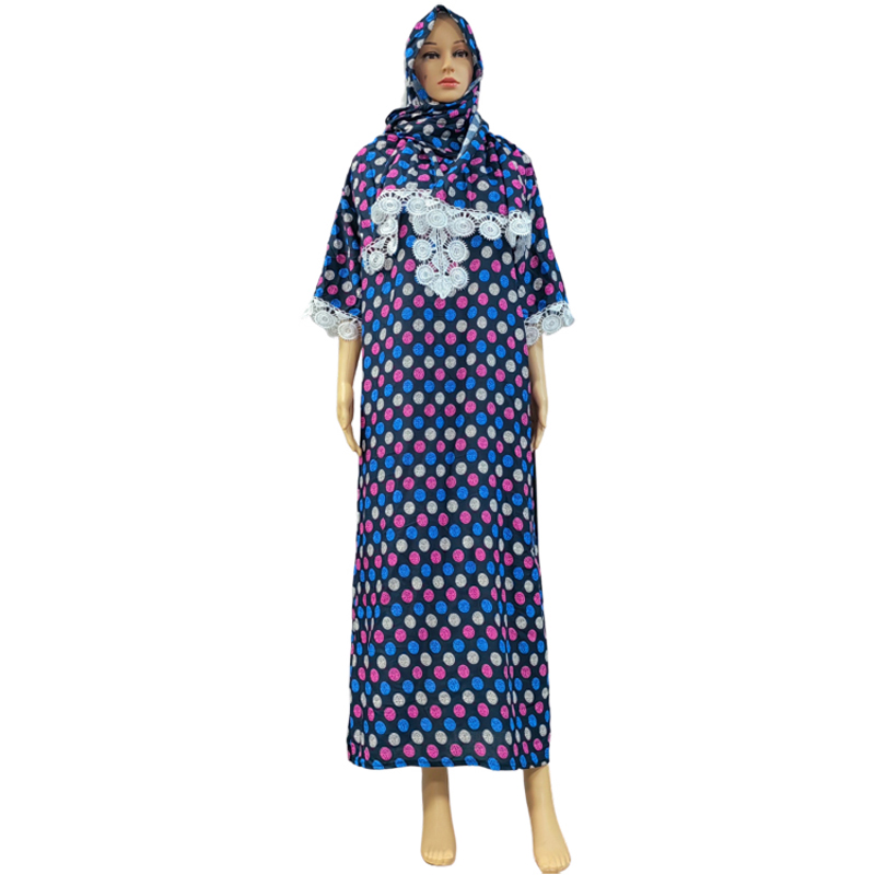 Factory direct sales, cross-border European and American hooded Amazon home wear, African women's hooded scarf, short-sleeved printed flower long robe dress with lace
