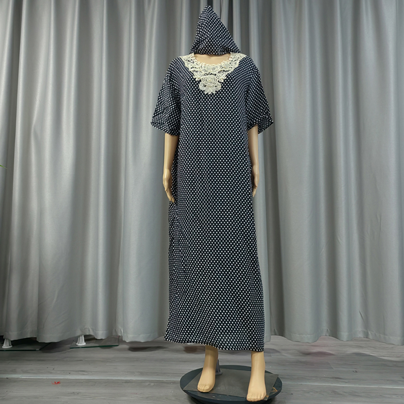 Factory direct sales, cross-border European and American hooded Amazon home wear, African women's hooded scarf, short-sleeved printed flower long robe dress with lace Application Scenario
