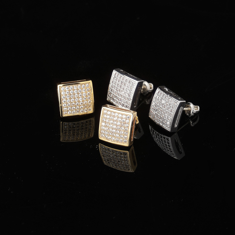 Hot-selling hip-hop threaded earrings, hiphop micro-inlaid with zircon gold-plated square men's stud earrings