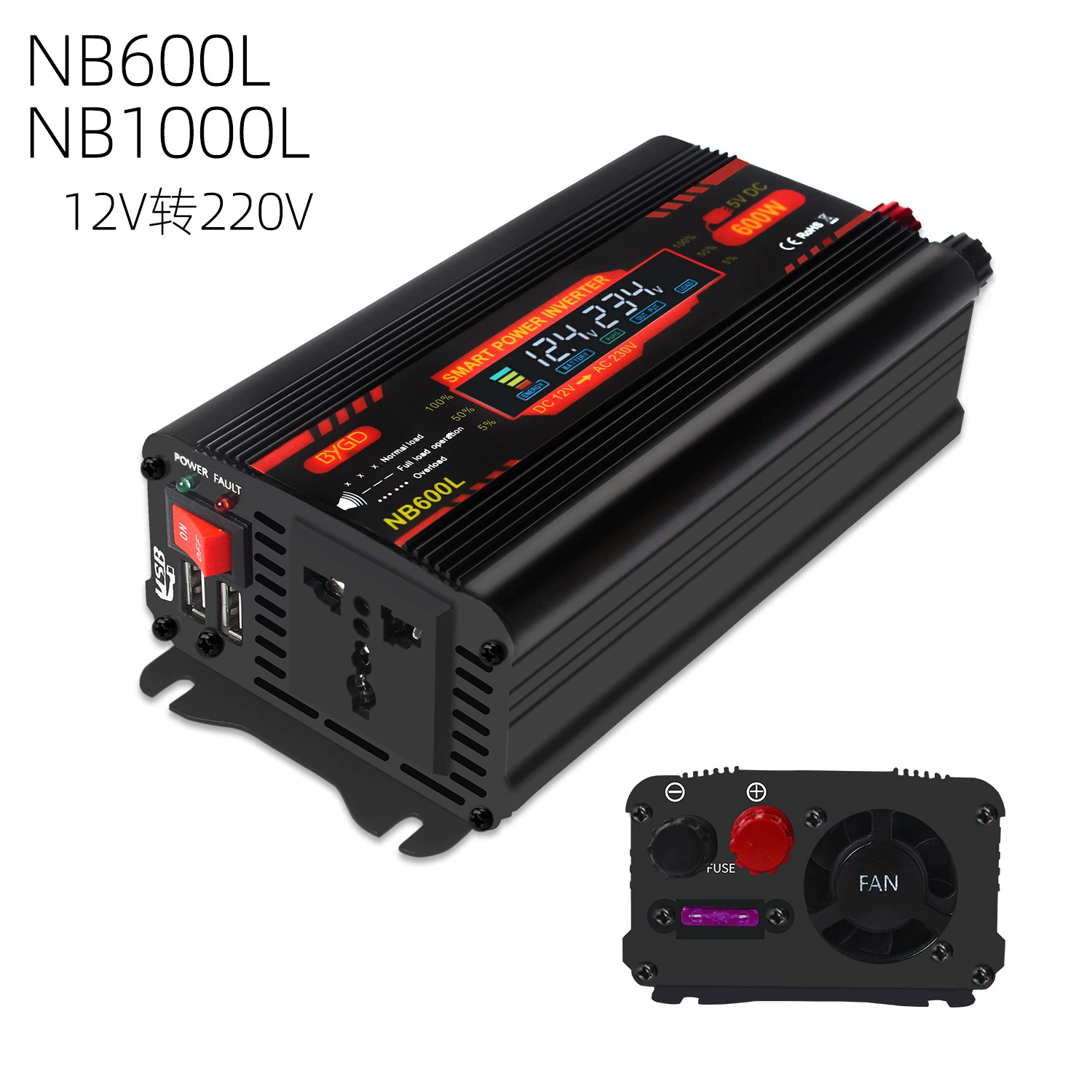 1000W1500w Car Inverter 600W 12V To 220V Digital Display Power Inverter Specification drawing